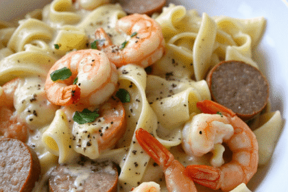 @readyprepmeals Creamy Shrimp & Sausage Alfredo Pasta served in a white bowl, featuring juicy shrimp, seared sausage slices, and fettuccine noodles coated in a rich Alfredo sauce, garnished with fresh parsley.