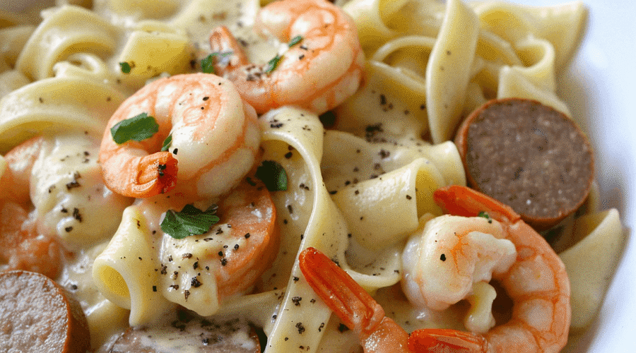 @readyprepmeals Creamy Shrimp & Sausage Alfredo Pasta served in a white bowl, featuring juicy shrimp, seared sausage slices, and fettuccine noodles coated in a rich Alfredo sauce, garnished with fresh parsley.