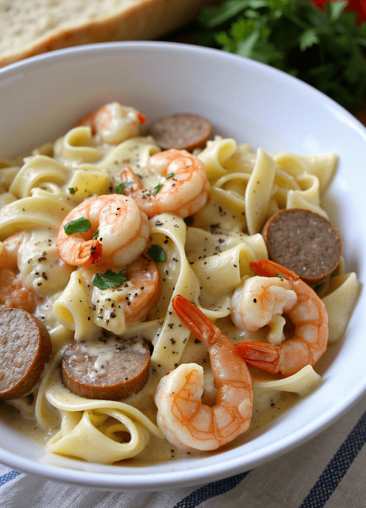 @readyprepmeals Creamy Shrimp & Sausage Alfredo Pasta served in a white bowl, featuring juicy shrimp, seared sausage slices, and fettuccine noodles coated in a rich Alfredo sauce, garnished with fresh parsley.