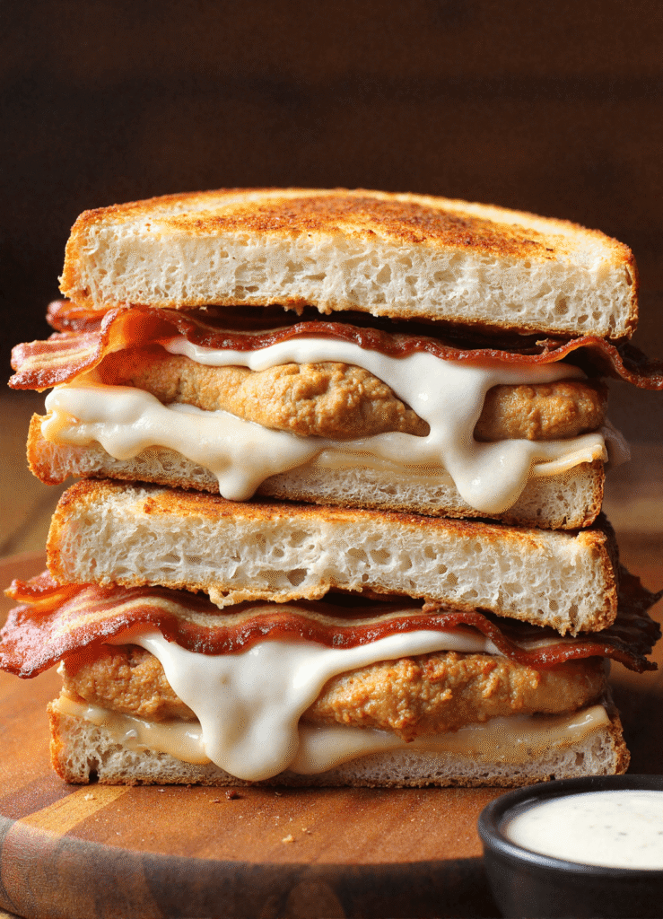 Crispy bacon and ranch chicken melt sandwich stacked and oozing with melted cheese on toasted bread