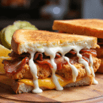 Close-up of crispy bacon ranch chicken melt dripping with creamy ranch and cheddar on toasted bread