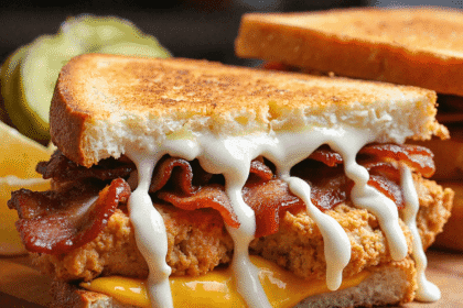 Close-up of crispy bacon ranch chicken melt dripping with creamy ranch and cheddar on toasted bread
