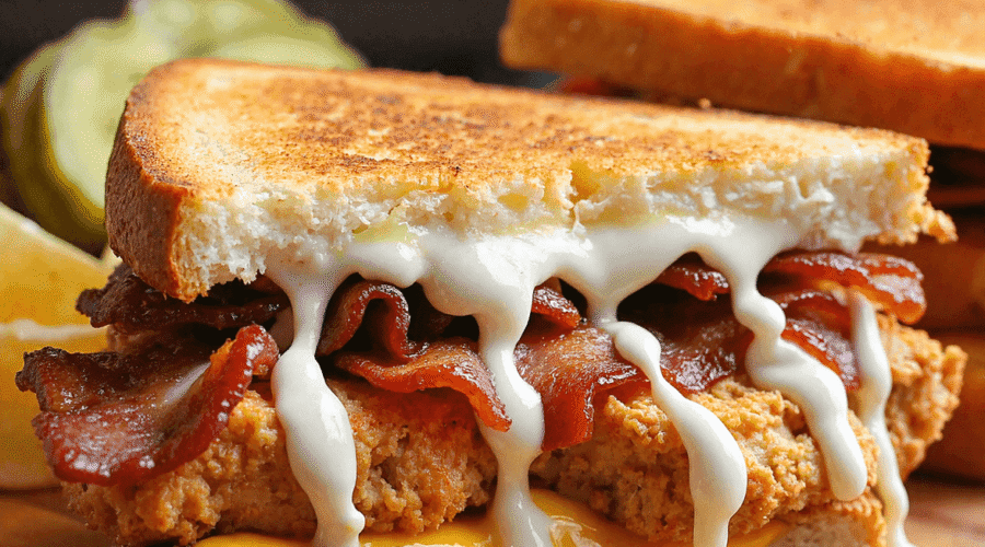 Close-up of crispy bacon ranch chicken melt dripping with creamy ranch and cheddar on toasted bread