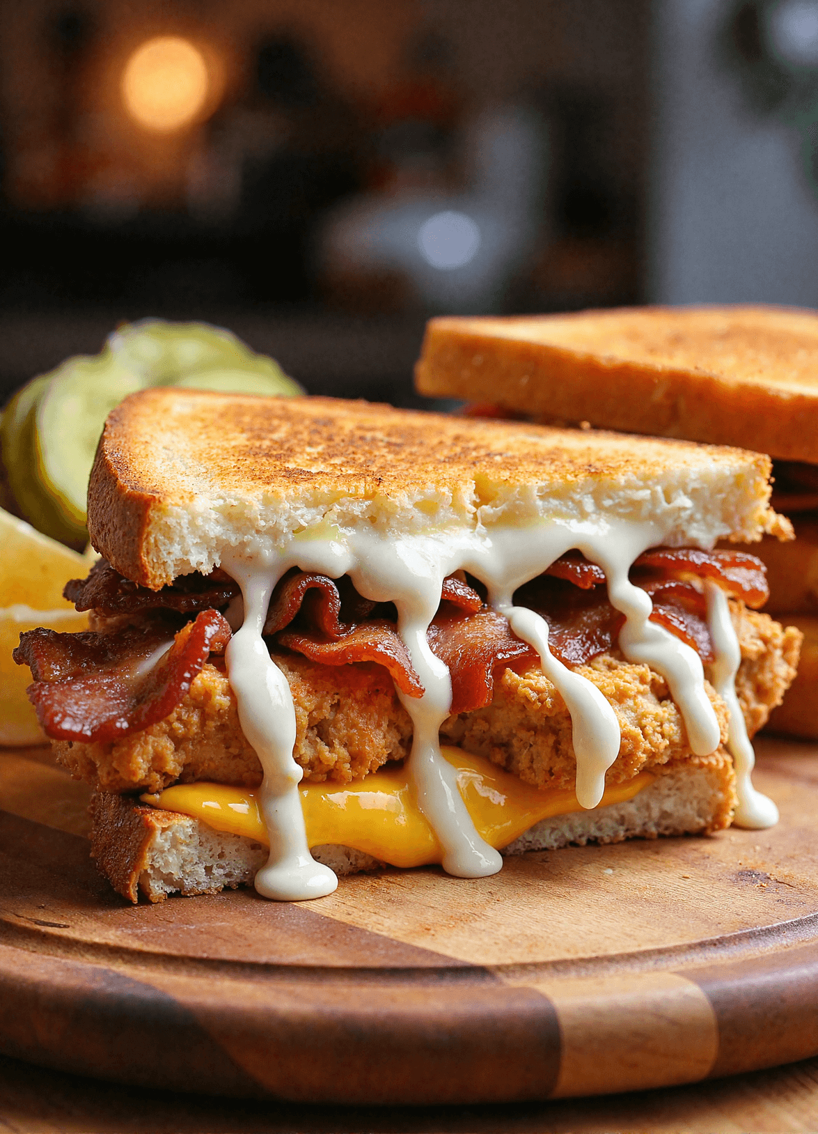 Close-up of crispy bacon ranch chicken melt dripping with creamy ranch and cheddar on toasted bread