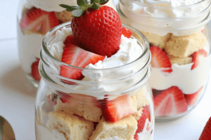 Individual no-bake strawberry shortcake trifles layered with pound cake, whipped cream, and fresh strawberries in clear glass jars