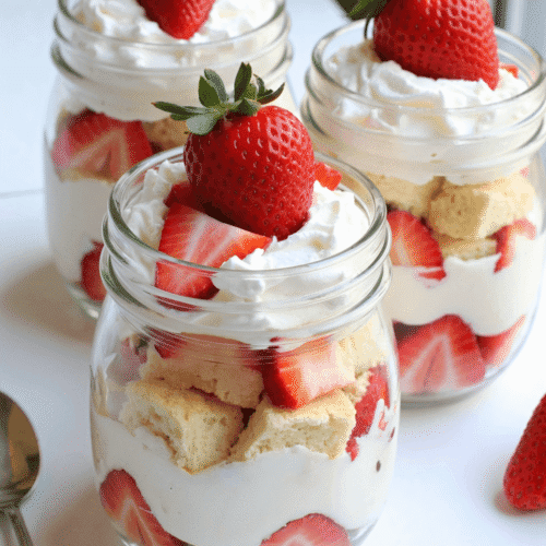 Individual no-bake strawberry shortcake trifles layered with pound cake, whipped cream, and fresh strawberries in clear glass jars