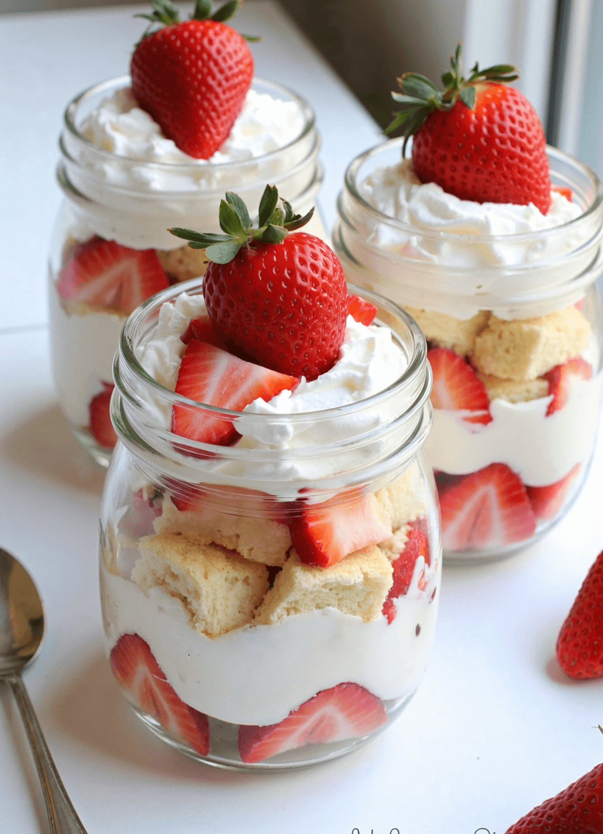 Individual no-bake strawberry shortcake trifles layered with pound cake, whipped cream, and fresh strawberries in clear glass jars