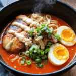 Steaming bowl of fiery chicken ramen topped with soft-boiled eggs, scallions, grilled chicken, creamy garlic drizzle, and spicy red broth