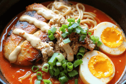 Steaming bowl of fiery chicken ramen topped with soft-boiled eggs, scallions, grilled chicken, creamy garlic drizzle, and spicy red broth