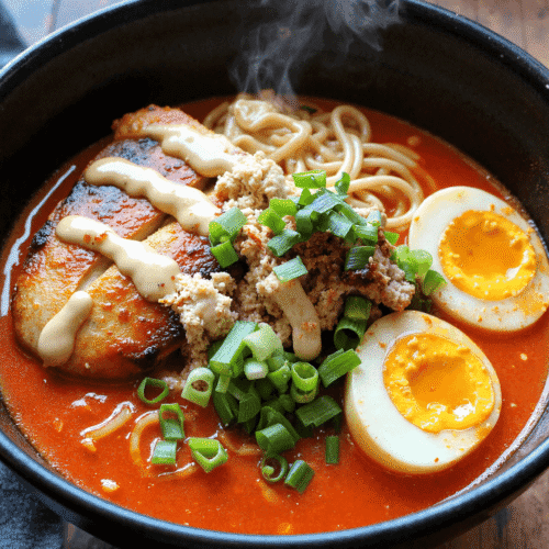 Steaming bowl of fiery chicken ramen topped with soft-boiled eggs, scallions, grilled chicken, creamy garlic drizzle, and spicy red broth