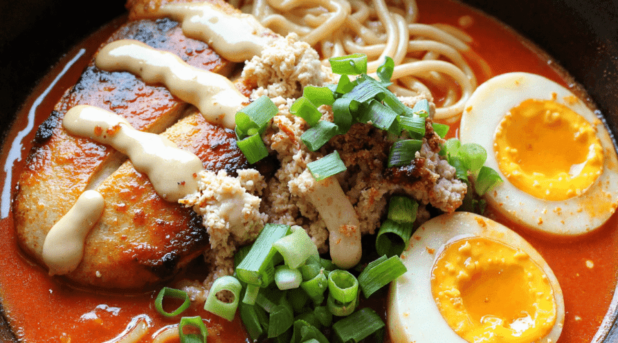 Steaming bowl of fiery chicken ramen topped with soft-boiled eggs, scallions, grilled chicken, creamy garlic drizzle, and spicy red broth