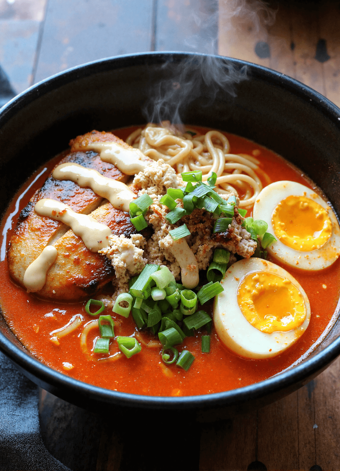 Steaming bowl of fiery chicken ramen topped with soft-boiled eggs, scallions, grilled chicken, creamy garlic drizzle, and spicy red broth