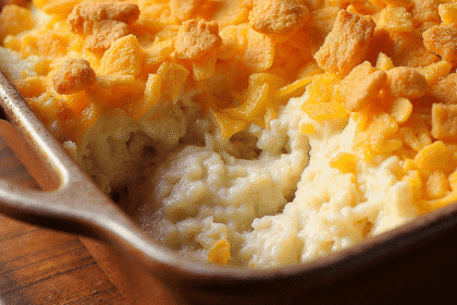 A serving of cheesy funeral potatoes with sour cream, topped with golden cornflakes, in a white casserole dish.