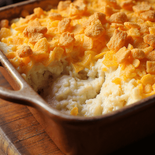 A serving of cheesy funeral potatoes with sour cream, topped with golden cornflakes, in a white casserole dish.