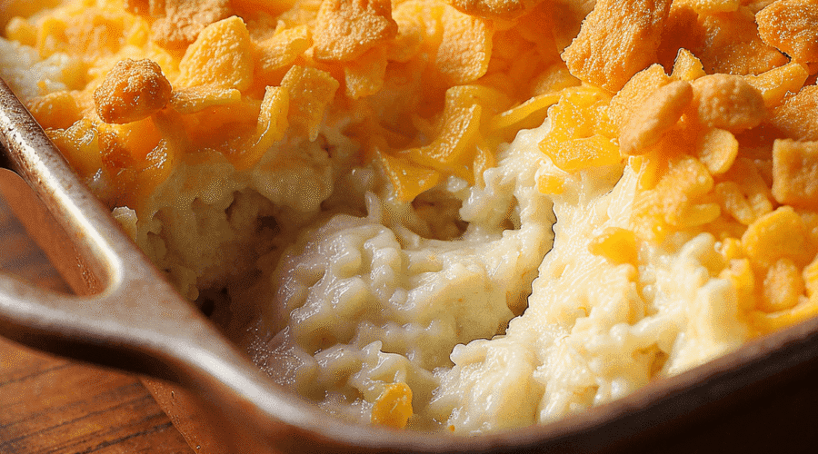 A serving of cheesy funeral potatoes with sour cream, topped with golden cornflakes, in a white casserole dish.