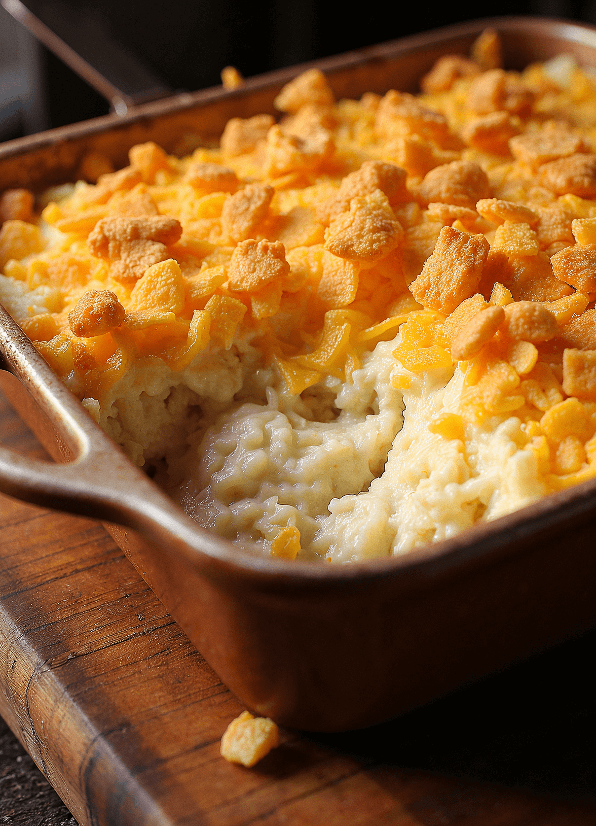 A serving of cheesy funeral potatoes with sour cream, topped with golden cornflakes, in a white casserole dish.