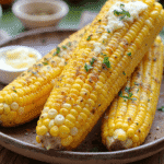 Best Ever Garlic Butter Corn on the Cob glistening with melted garlic butter and herbs, perfectly charred and served hot on a rustic plate, captured using a Canon EOS 5D.