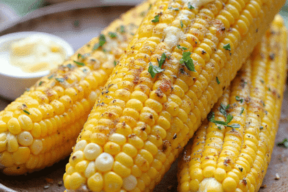 Best Ever Garlic Butter Corn on the Cob glistening with melted garlic butter and herbs, perfectly charred and served hot on a rustic plate, captured using a Canon EOS 5D.