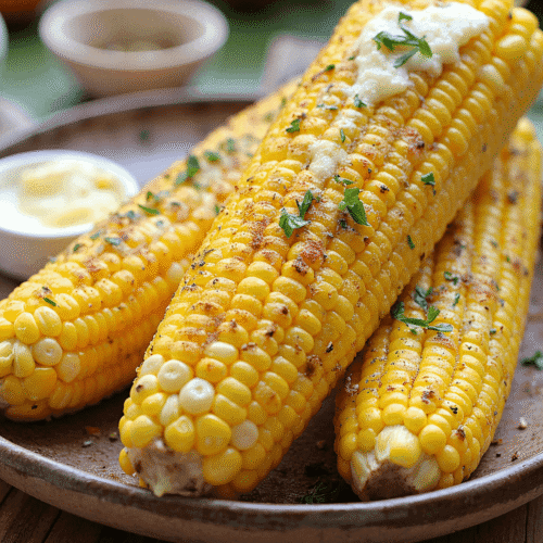 Best Ever Garlic Butter Corn on the Cob glistening with melted garlic butter and herbs, perfectly charred and served hot on a rustic plate, captured using a Canon EOS 5D.