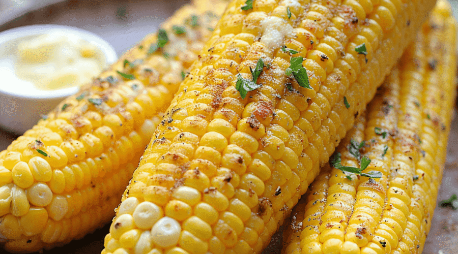 Best Ever Garlic Butter Corn on the Cob glistening with melted garlic butter and herbs, perfectly charred and served hot on a rustic plate, captured using a Canon EOS 5D.