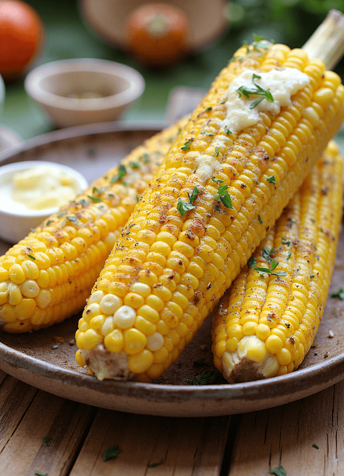 Best Ever Garlic Butter Corn on the Cob glistening with melted garlic butter and herbs, perfectly charred and served hot on a rustic plate, captured using a Canon EOS 5D.