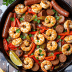 Garlic shrimp and sausage skillet with bell peppers and onions served hot in a cast iron pan on a rustic wood surface