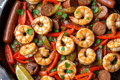 Garlic shrimp and sausage skillet with bell peppers and onions served hot in a cast iron pan on a rustic wood surface