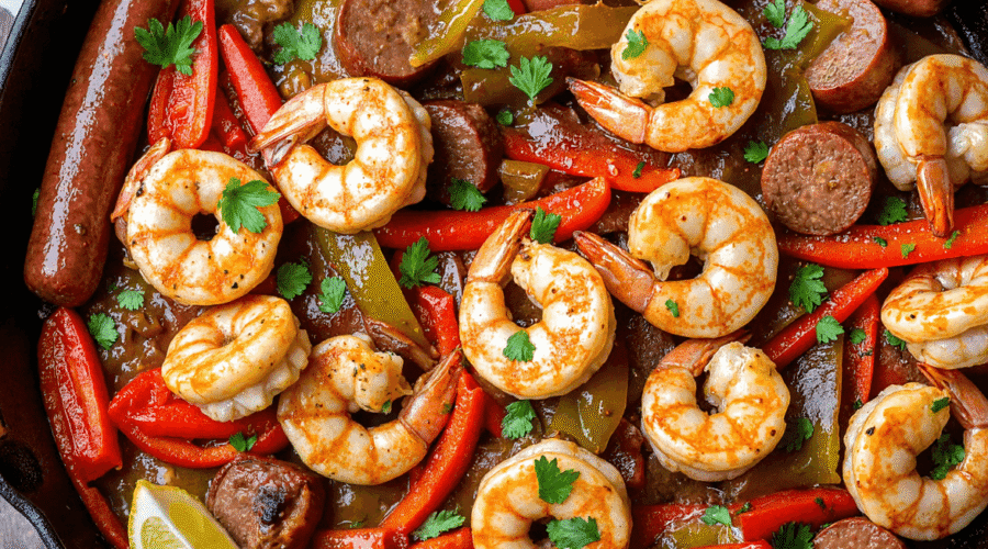 Garlic shrimp and sausage skillet with bell peppers and onions served hot in a cast iron pan on a rustic wood surface