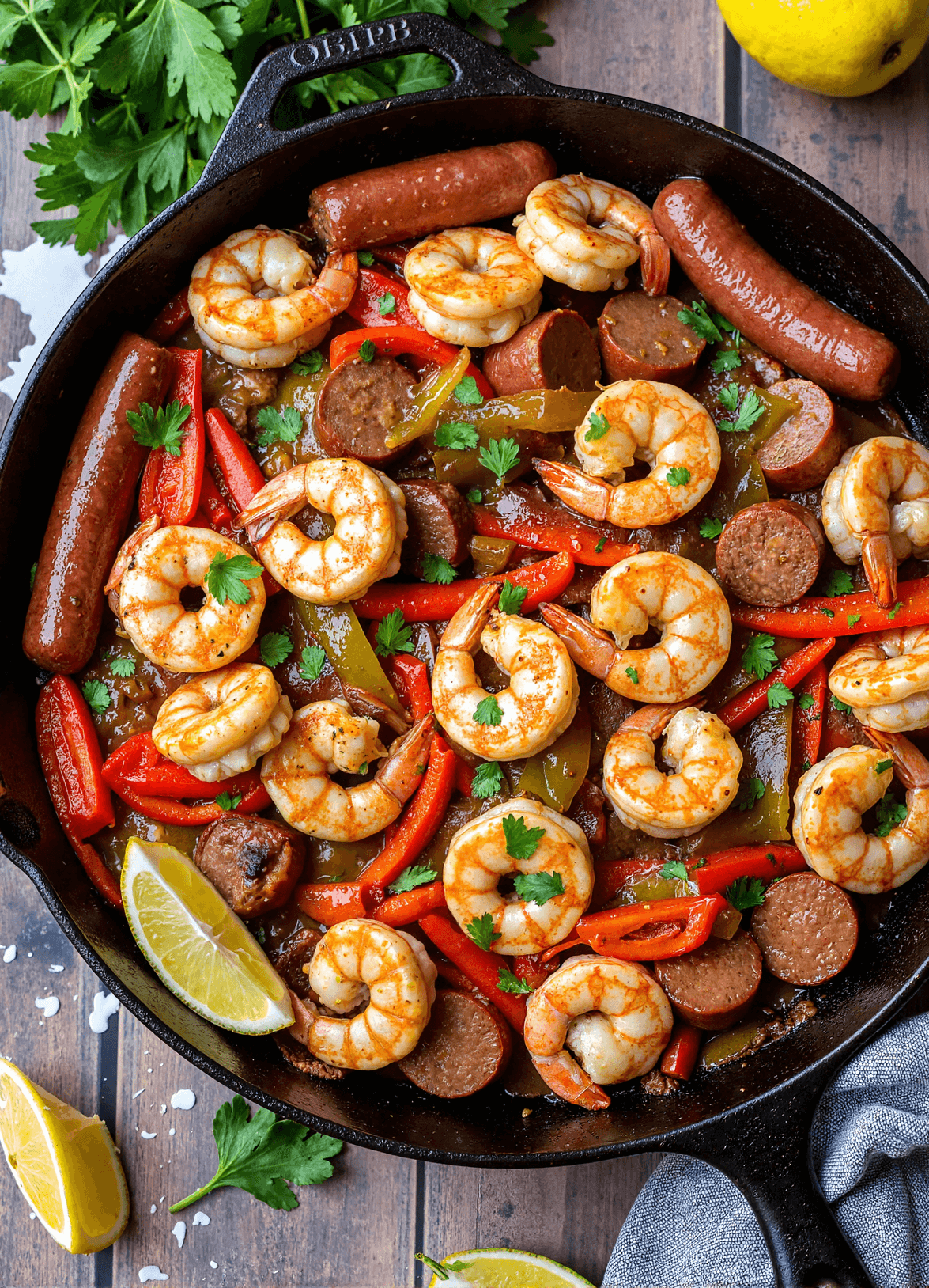 Garlic shrimp and sausage skillet with bell peppers and onions served hot in a cast iron pan on a rustic wood surface