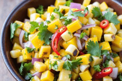 Grilled corn and mango salsa in a rustic bowl, featuring charred corn kernels, diced mango, red onion, cilantro, and red chili slices, served with tortilla chips