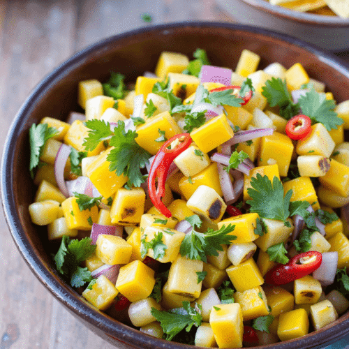 Grilled corn and mango salsa in a rustic bowl, featuring charred corn kernels, diced mango, red onion, cilantro, and red chili slices, served with tortilla chips