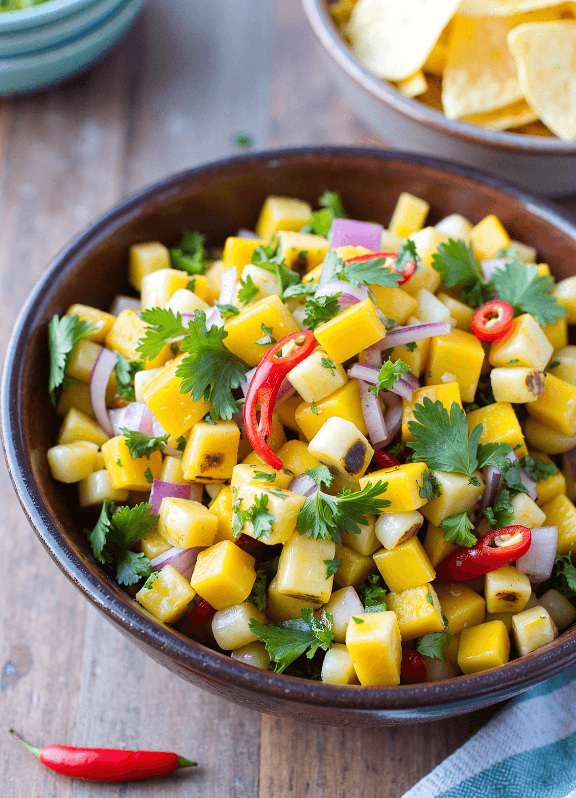 Grilled corn and mango salsa in a rustic bowl, featuring charred corn kernels, diced mango, red onion, cilantro, and red chili slices, served with tortilla chips