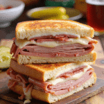 Side view of Grilled Cuban Sandwiches showing layers of ham, melted cheese, and toasted bread on a rustic wooden surface