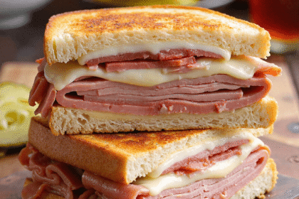 Side view of Grilled Cuban Sandwiches showing layers of ham, melted cheese, and toasted bread on a rustic wooden surface