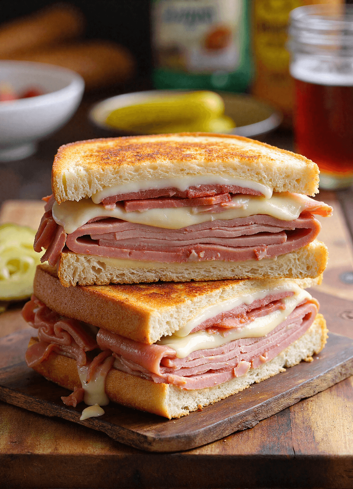 Side view of Grilled Cuban Sandwiches showing layers of ham, melted cheese, and toasted bread on a rustic wooden surface