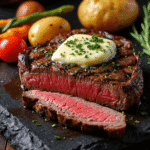 Sliced grilled ribeye steak with herb butter served with baby potatoes, cherry tomatoes, and green beans on a slate platter.