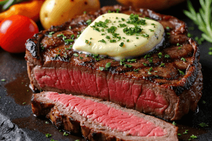 Sliced grilled ribeye steak with herb butter served with baby potatoes, cherry tomatoes, and green beans on a slate platter.