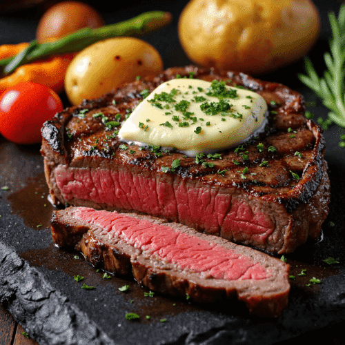 Sliced grilled ribeye steak with herb butter served with baby potatoes, cherry tomatoes, and green beans on a slate platter.