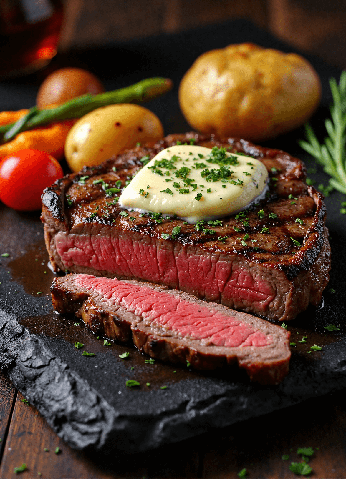Sliced grilled ribeye steak with herb butter served with baby potatoes, cherry tomatoes, and green beans on a slate platter.