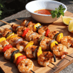 Grilled shrimp skewers with bell peppers and onions on a wooden platter, served with dipping sauce and lemon wedges by readyprepmeals founder Sam