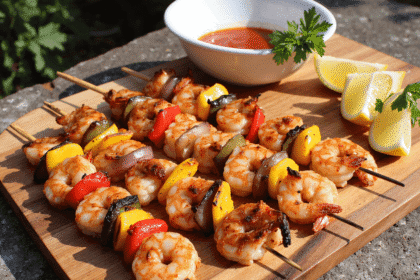 Grilled shrimp skewers with bell peppers and onions on a wooden platter, served with dipping sauce and lemon wedges by readyprepmeals founder Sam