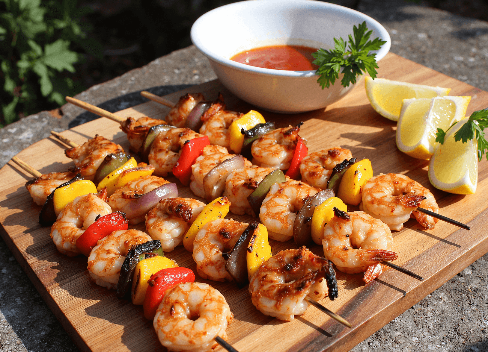 Grilled shrimp skewers with bell peppers and onions on a wooden platter, served with dipping sauce and lemon wedges by readyprepmeals founder Sam