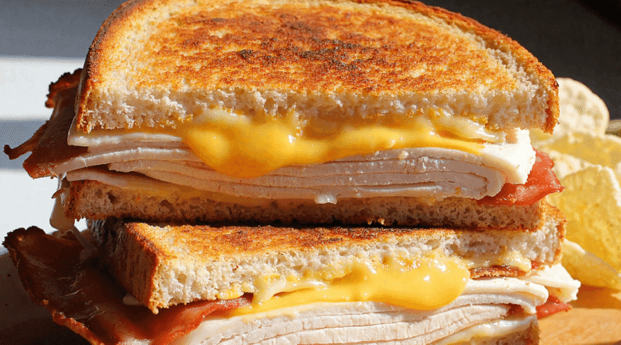 Golden brown grilled turkey bacon melt sandwich with cheddar cheese, stacked on a wooden board and served with pickles and potato chips