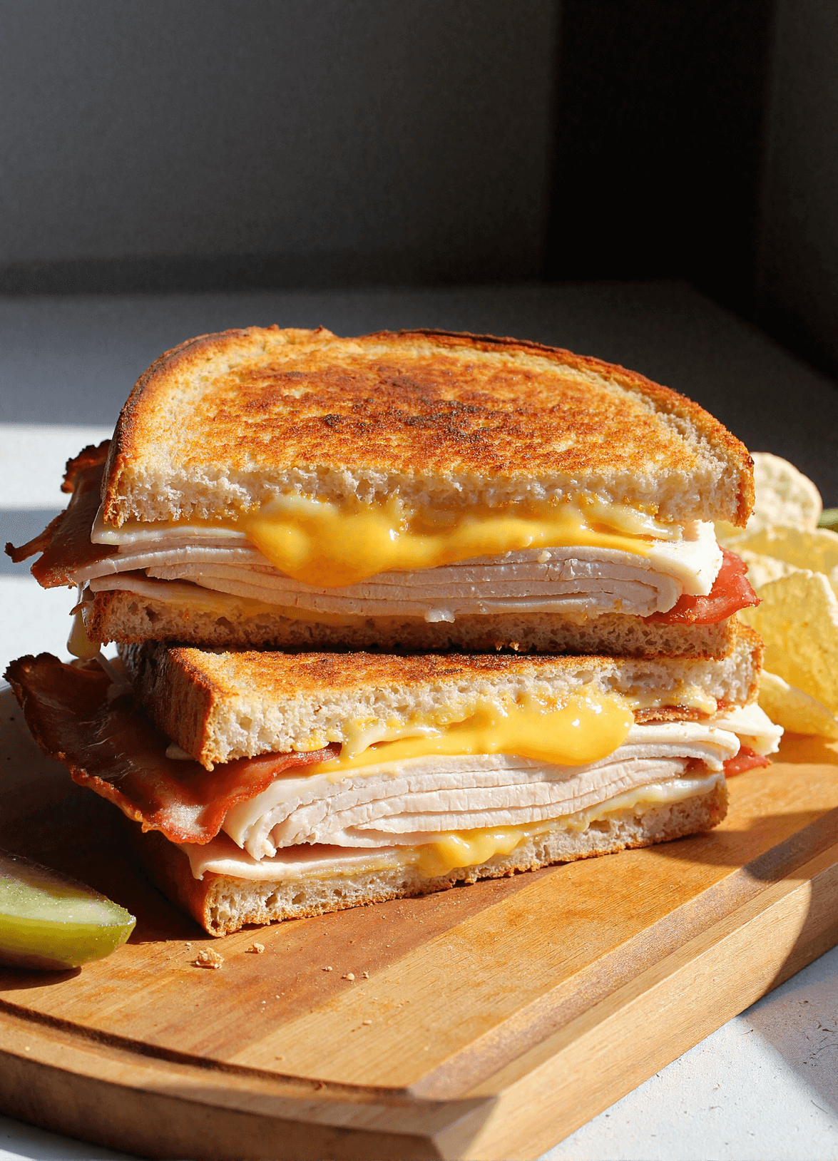 Golden brown grilled turkey bacon melt sandwich with cheddar cheese, stacked on a wooden board and served with pickles and potato chips