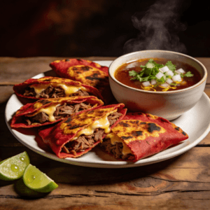 Homemade crispy birria tacos with melted cheese and shredded beef served with hot consommé and lime wedges