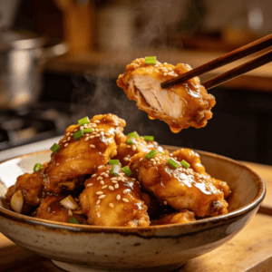 Sticky honey garlic chicken with glossy sauce, crispy golden pieces topped with sesame seeds and green onions