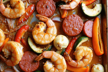 Honey Garlic Shrimp & Sausage Sheet Pan with roasted vegetables on a rustic baking tray