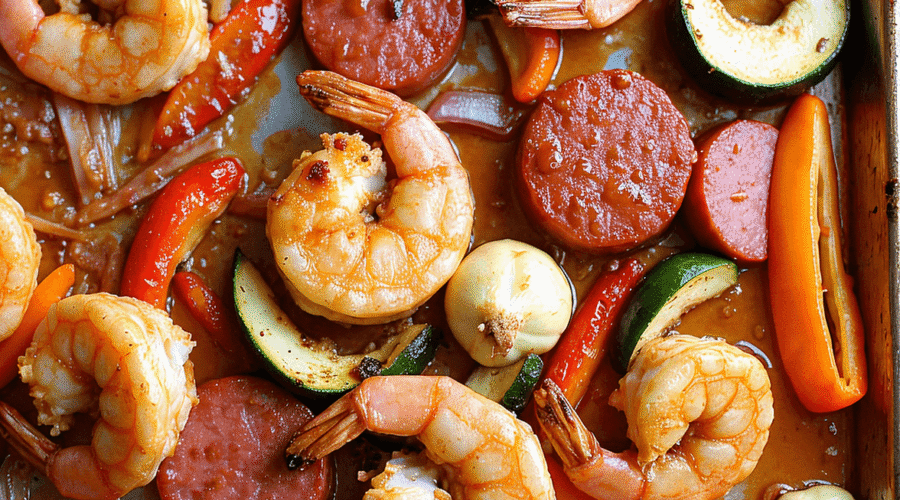 Honey Garlic Shrimp & Sausage Sheet Pan with roasted vegetables on a rustic baking tray