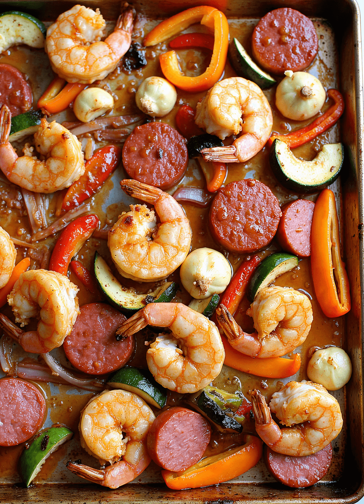 Honey Garlic Shrimp & Sausage Sheet Pan with roasted vegetables on a rustic baking tray