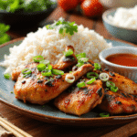 Grilled lemongrass chicken served with jasmine rice and dipping sauce, garnished with green onions and cilantro. Photo by Sam @readyprepmeals.